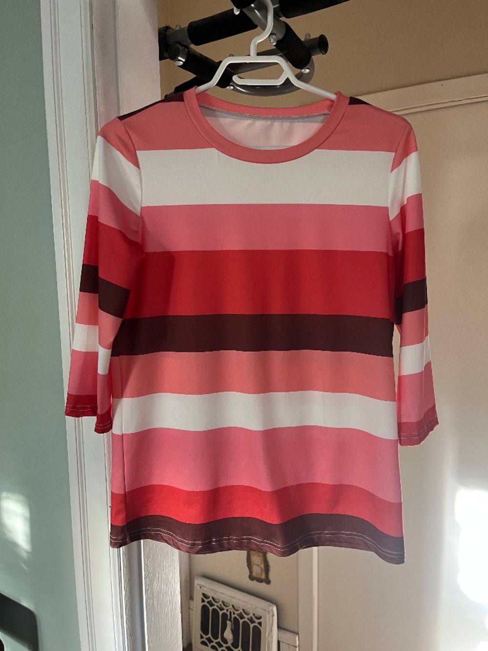 Shein Bold Striped 3/4 Sleeve Pink Brown White Top size Small